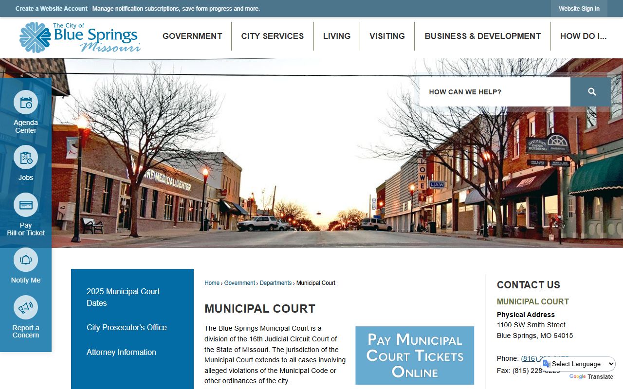 Blue Springs Municipal Court page with bench warrant procedures and court calendar