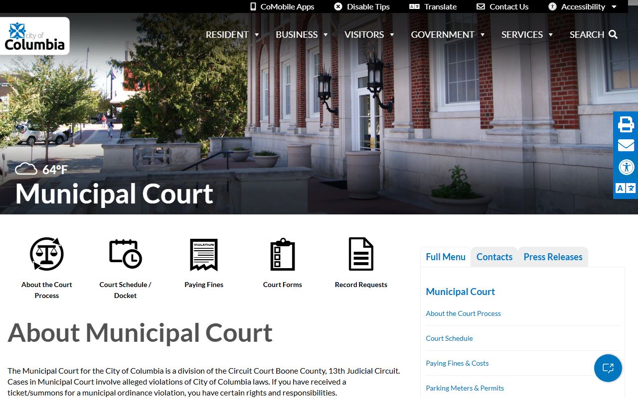 Columbia Municipal Court website for bench warrant cases