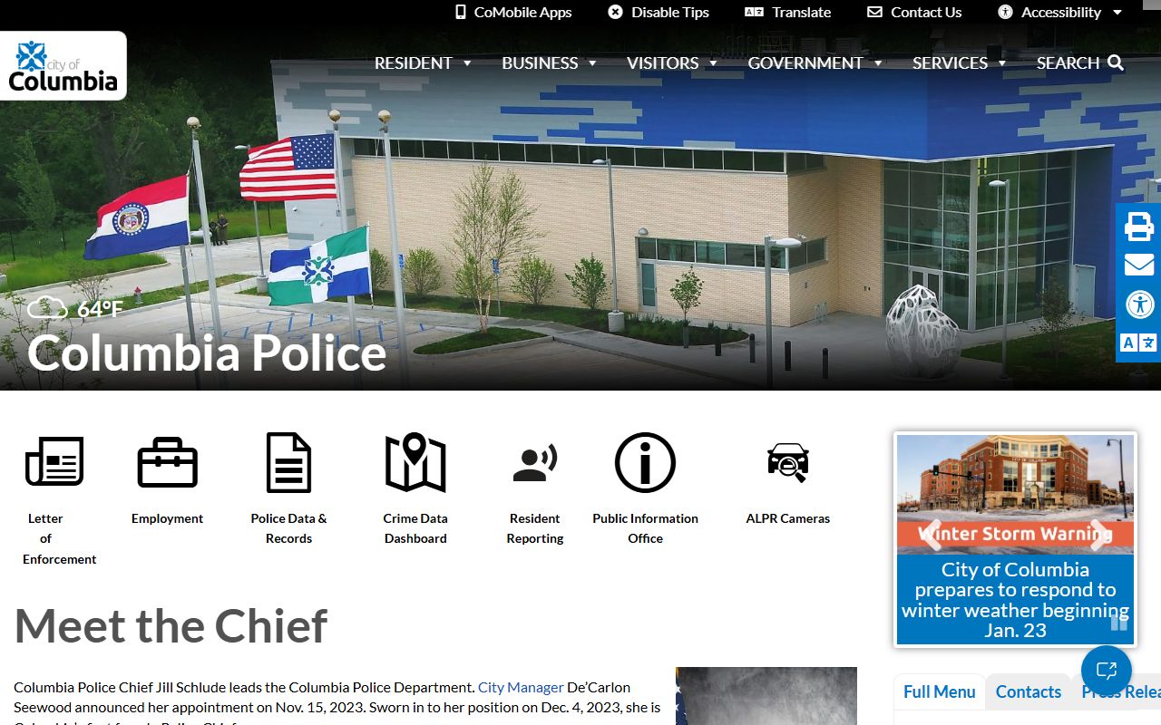 Columbia Police Department website for bench warrant information