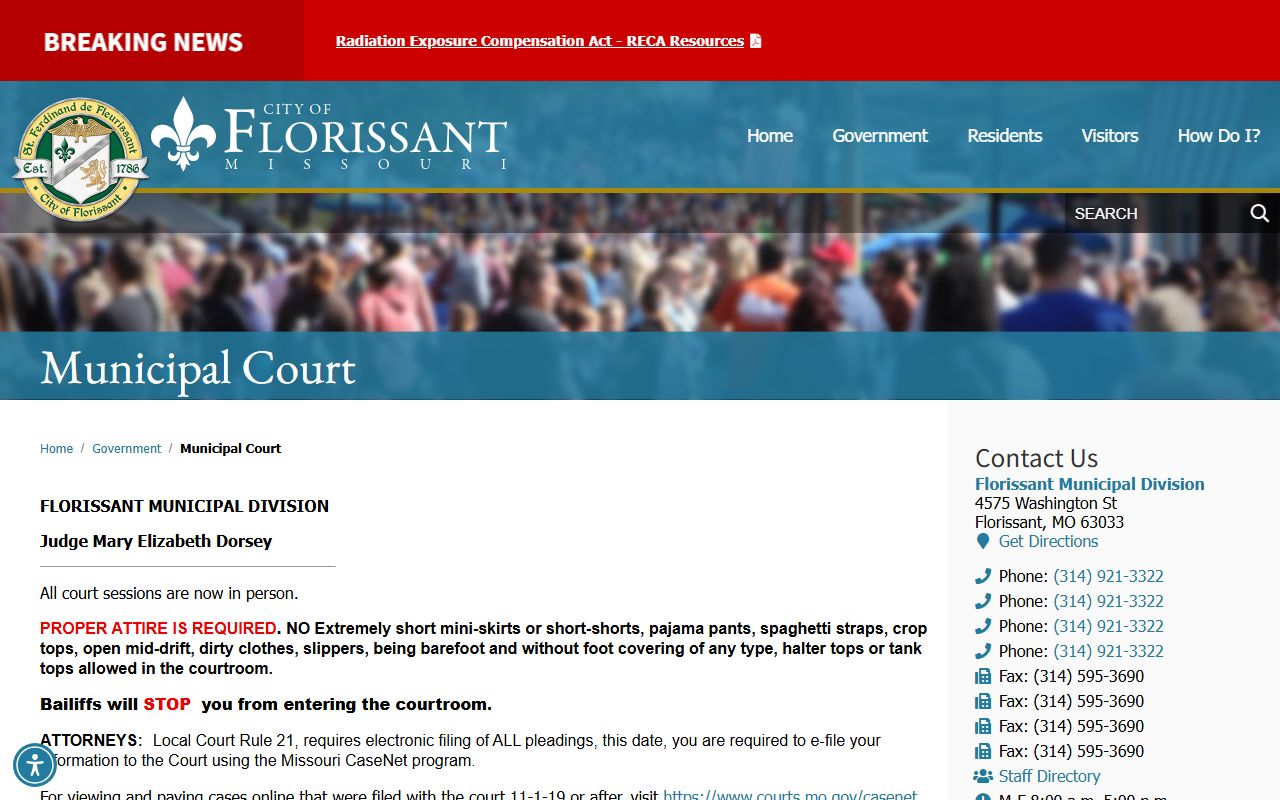 Florissant Municipal Court page with bench warrant procedures and court rules
