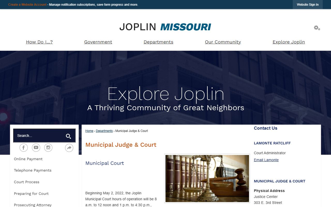 Joplin Municipal Court page with bench warrant and case information