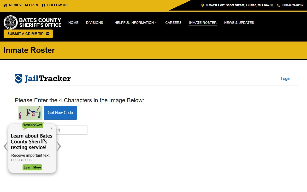 Bates County inmate roster showing current jail bookings