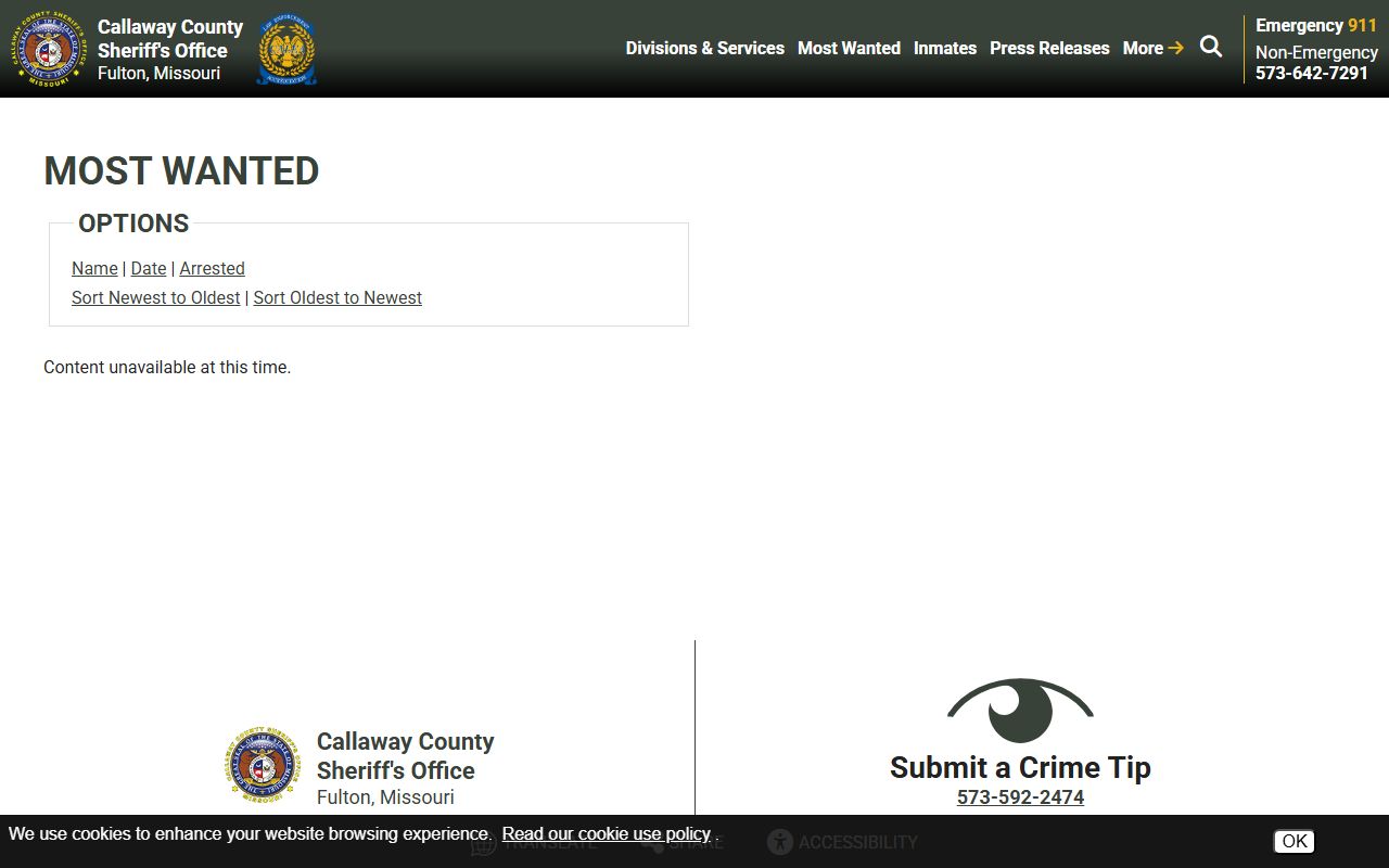 Callaway County most wanted list showing active bench warrants