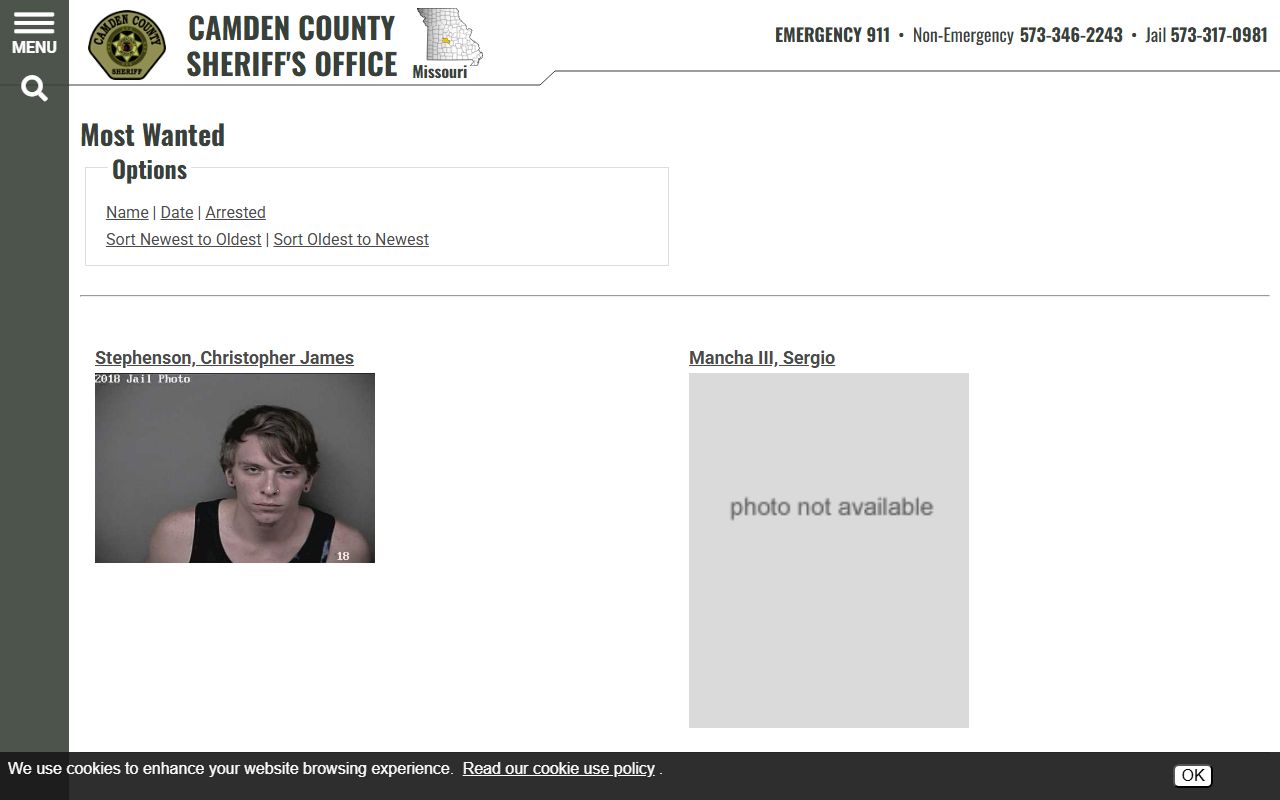 Camden County most wanted page with active bench warrant listings