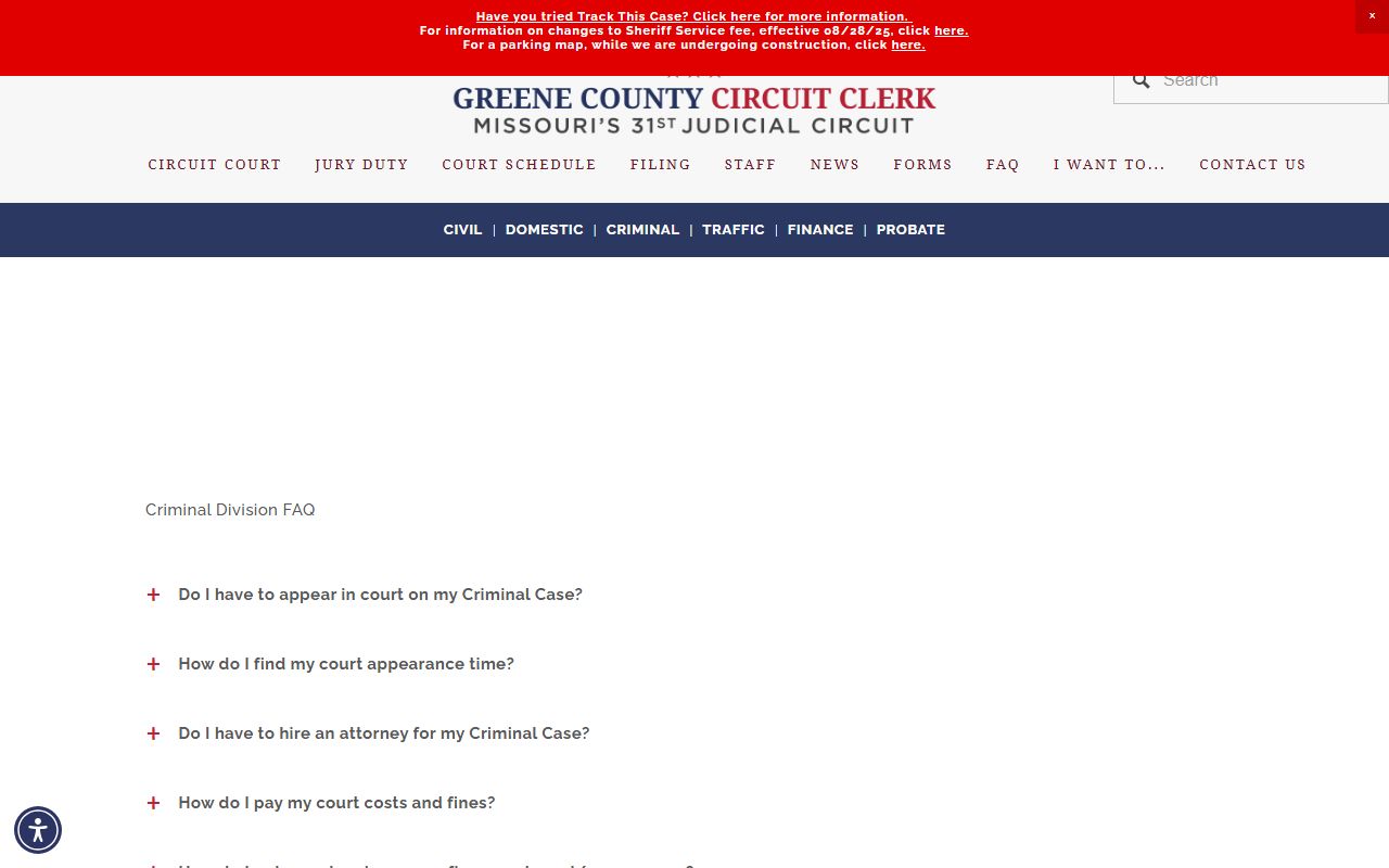 Greene County Criminal Court FAQ page for bench warrant procedures