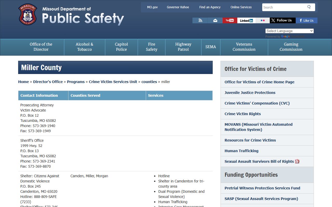 DPS victim services page for Miller County bench warrants