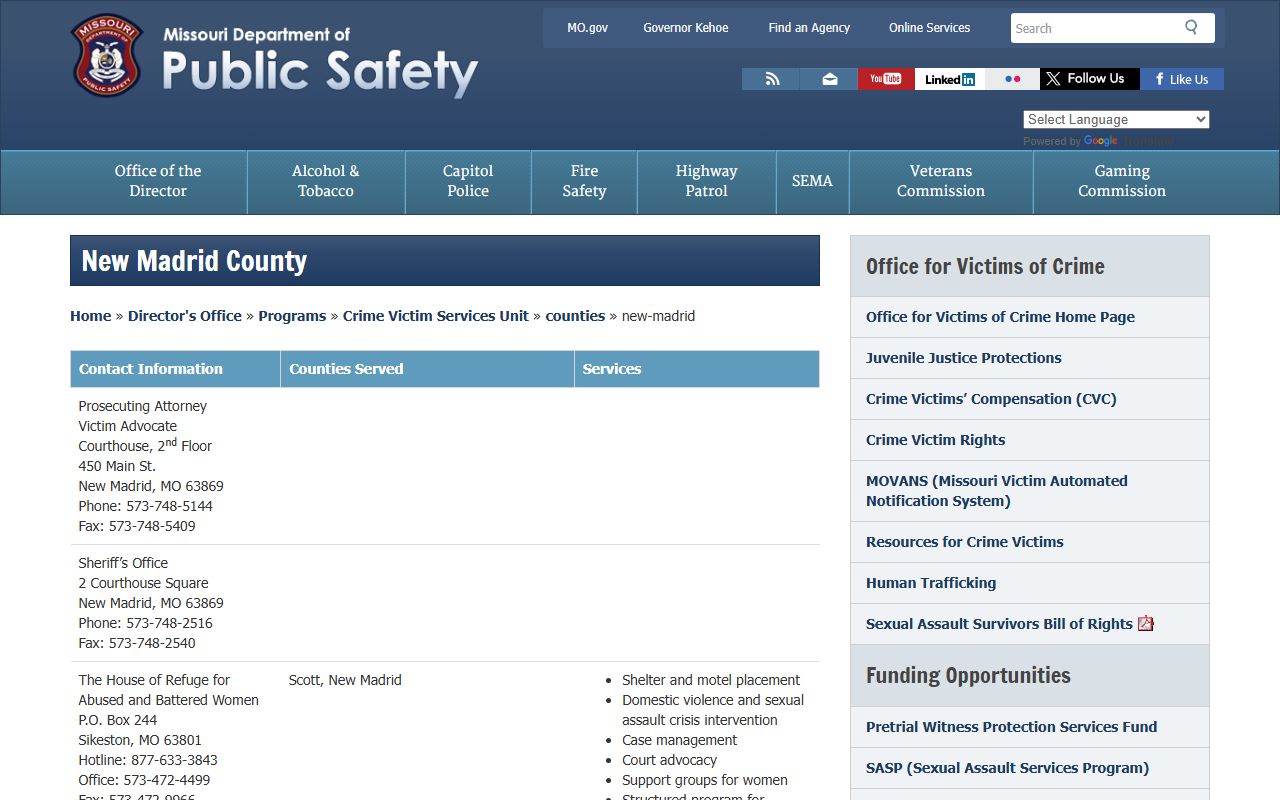 DPS victim services for New Madrid County bench warrants