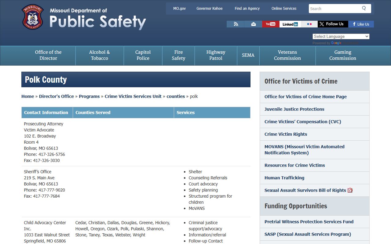 Missouri DPS Polk County victim services and bench warrant resources