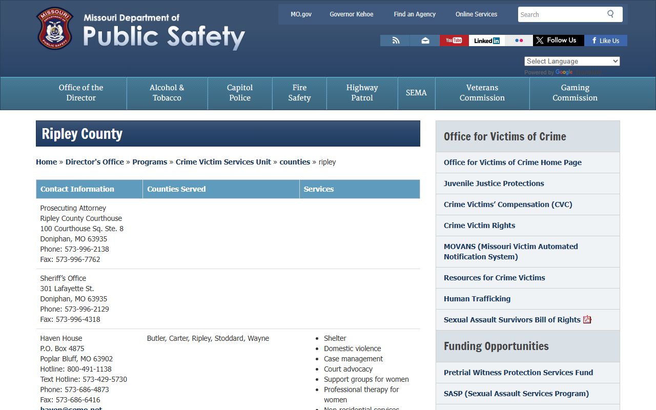 Missouri DPS Ripley County victim services and bench warrant resources