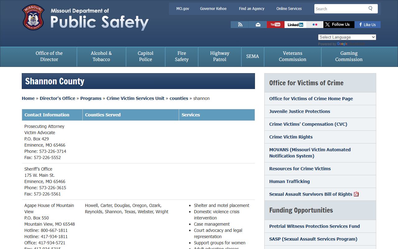 DPS Shannon County victim services and bench warrant contacts