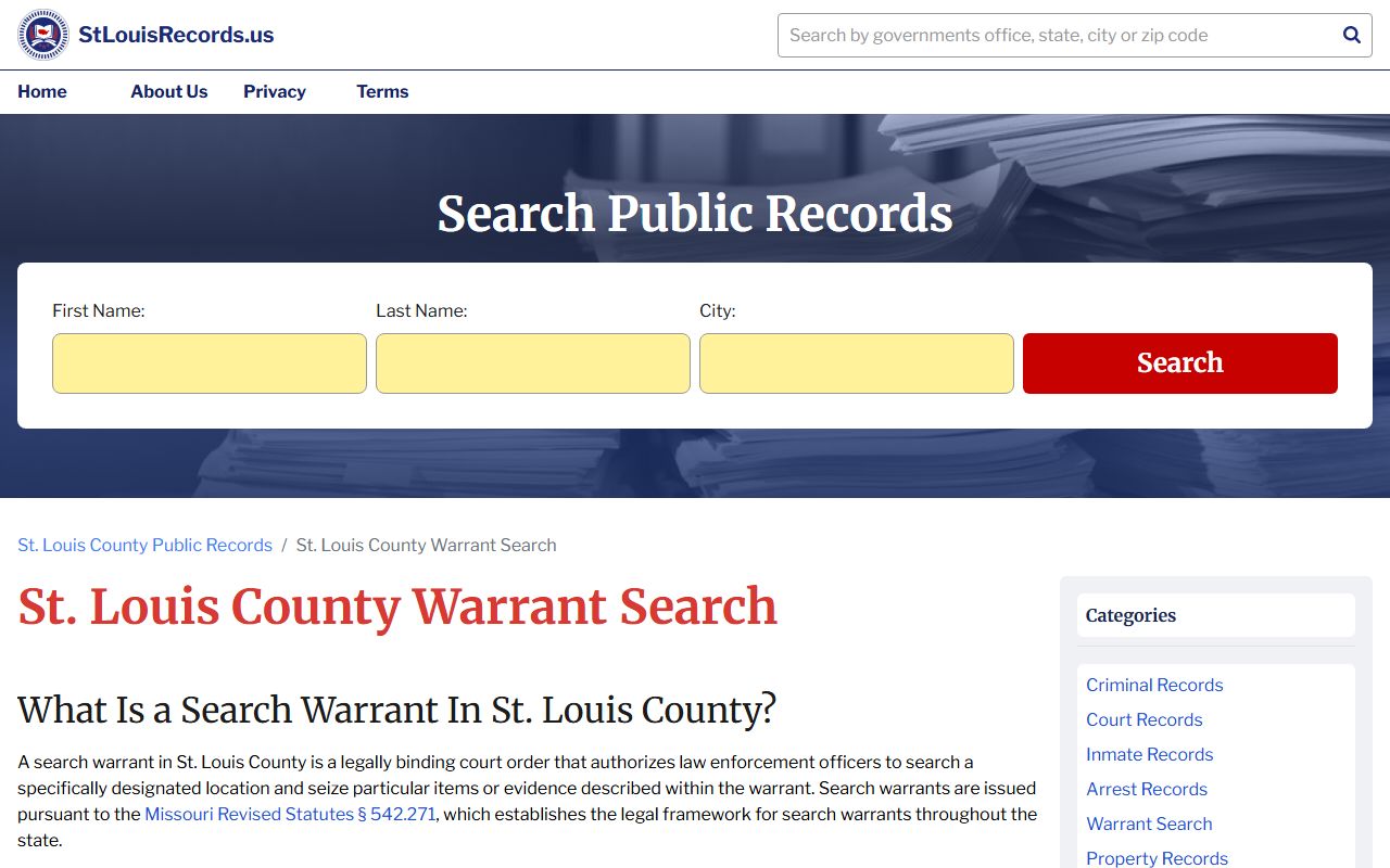 St. Louis County warrant search page for bench warrants