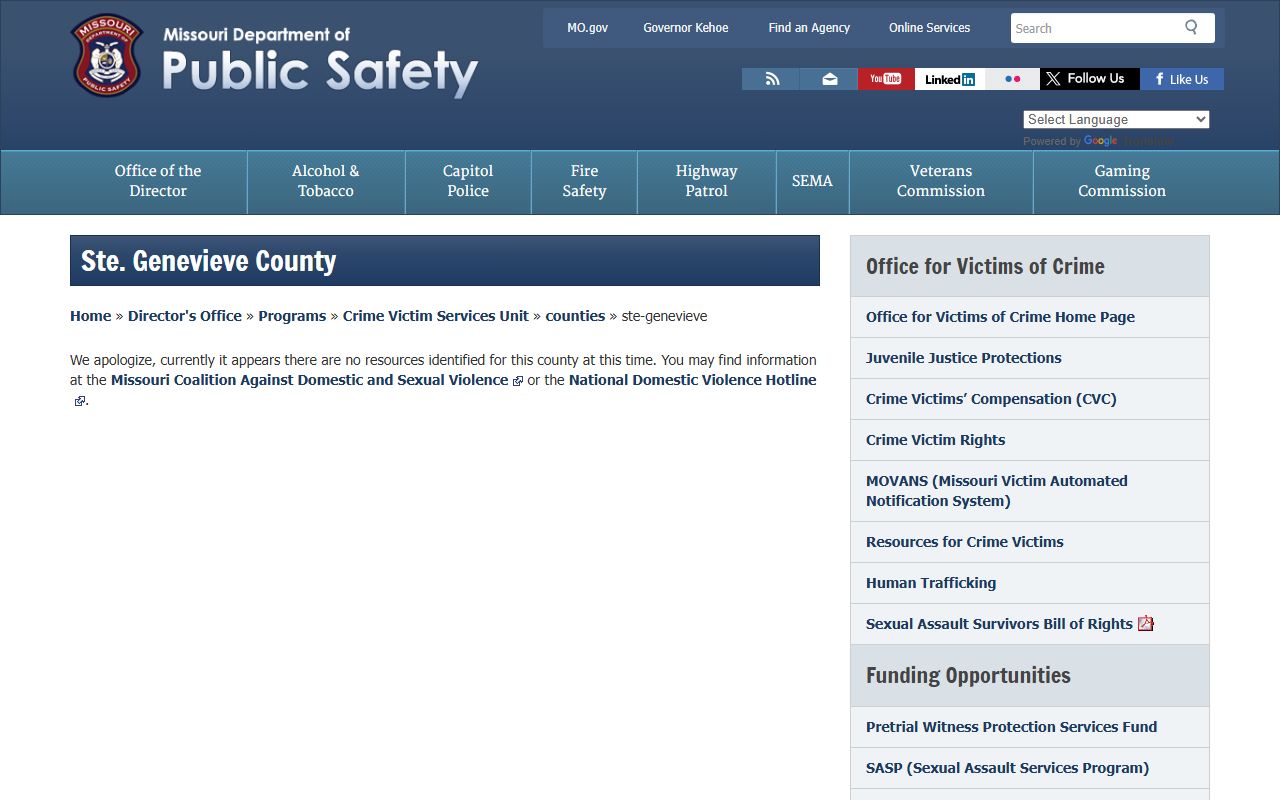 DPS Ste. Genevieve County victim services and bench warrant contacts