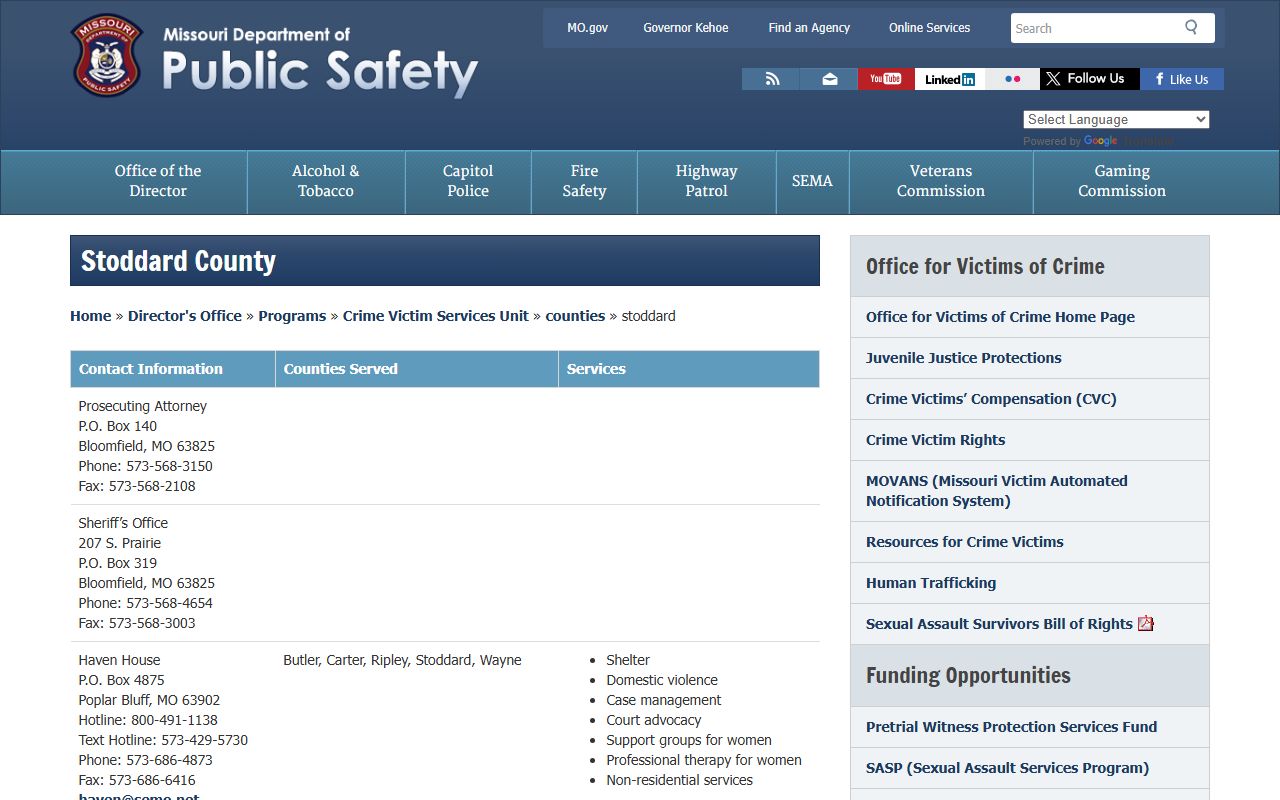 DPS Stoddard County victim services and bench warrant contacts