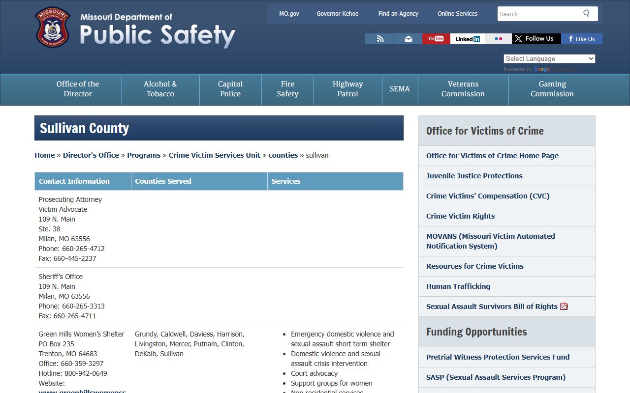 DPS Sullivan County victim services and bench warrant contacts