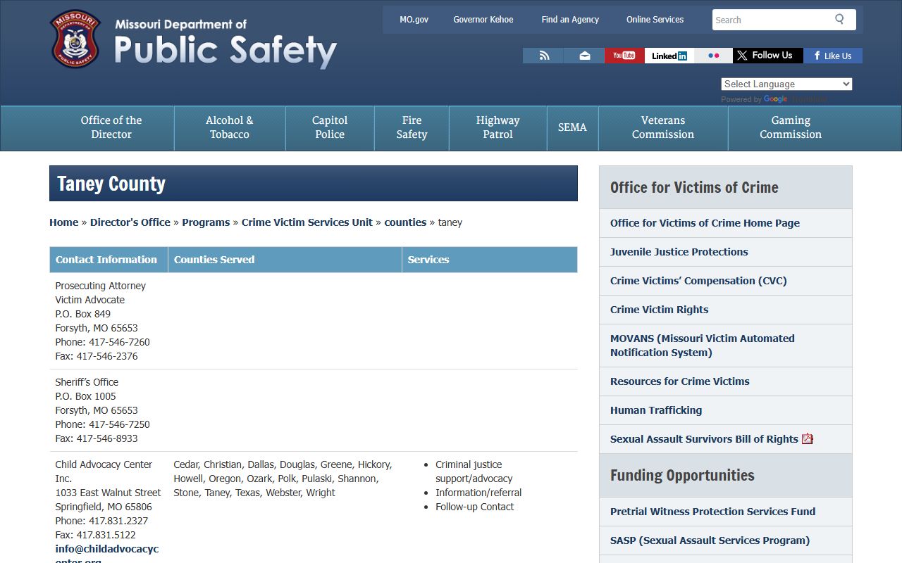DPS Taney County victim services contact information
