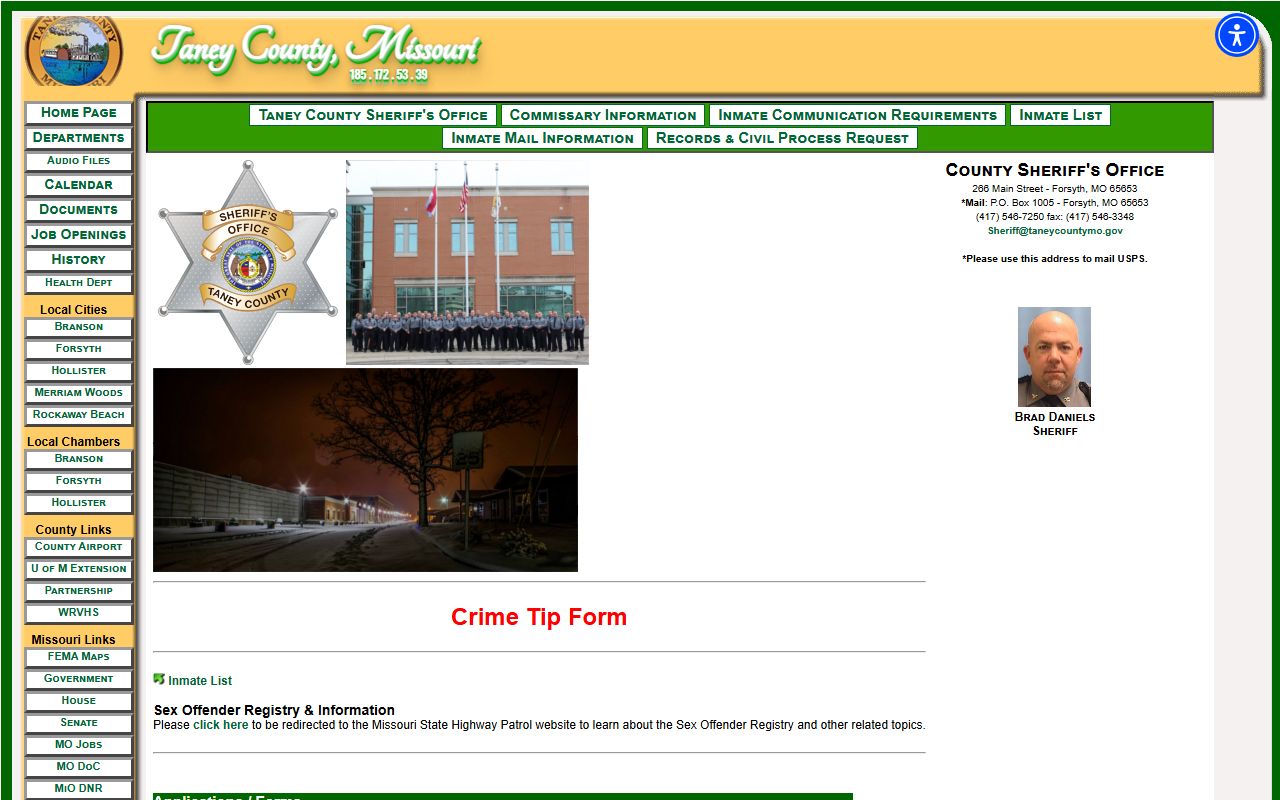 Taney County Sheriff's Office website for bench warrants
