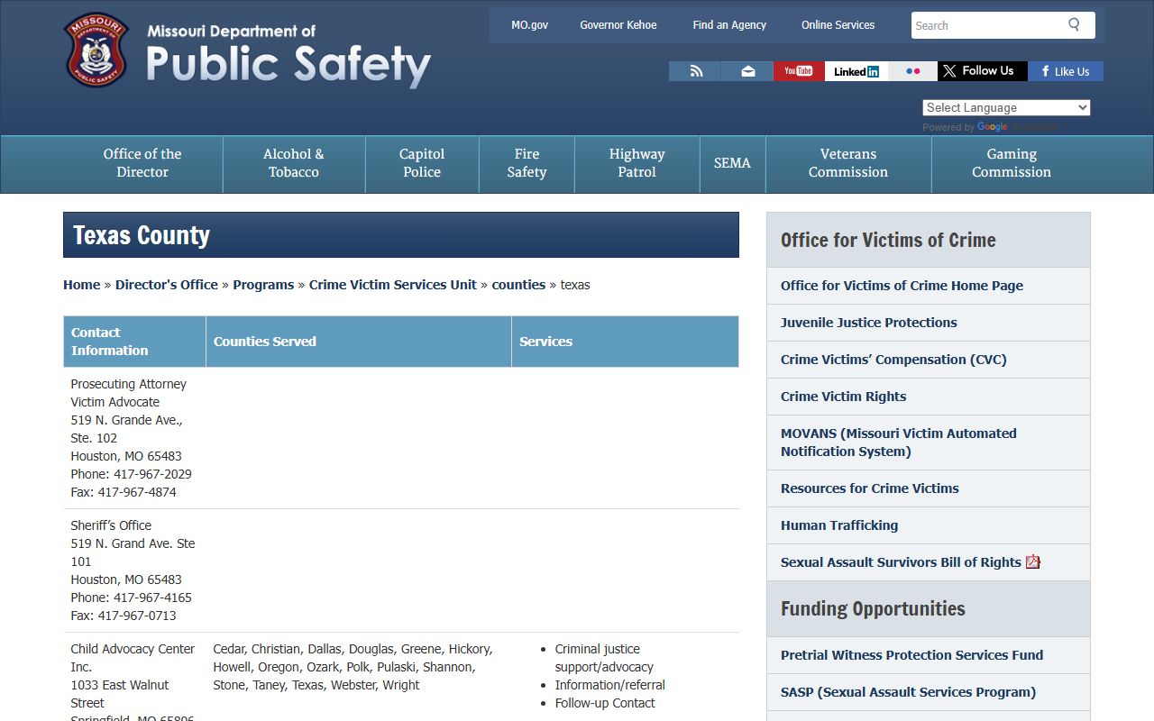 DPS Texas County victim services and bench warrant contacts