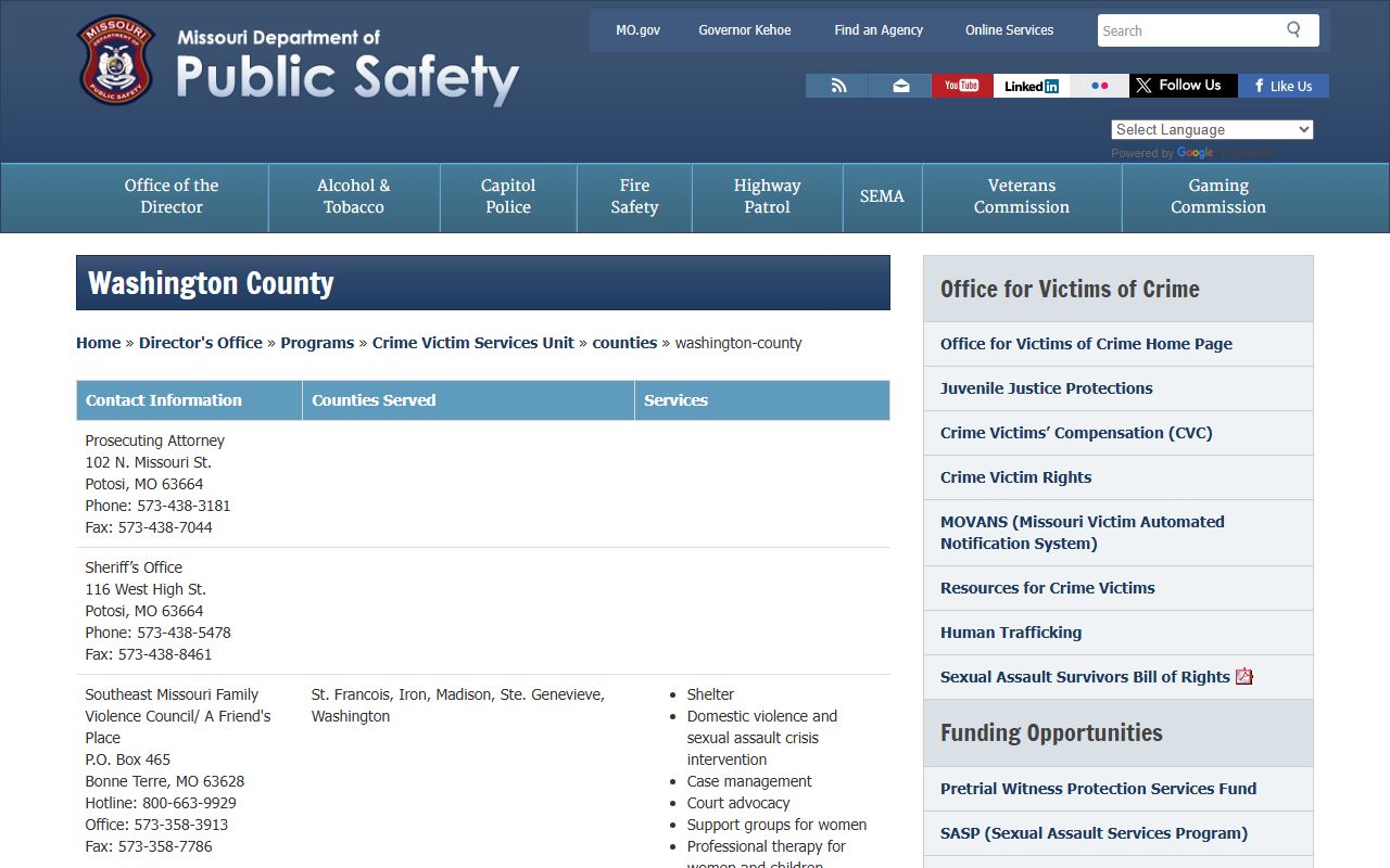 DPS Washington County victim services and bench warrant contacts