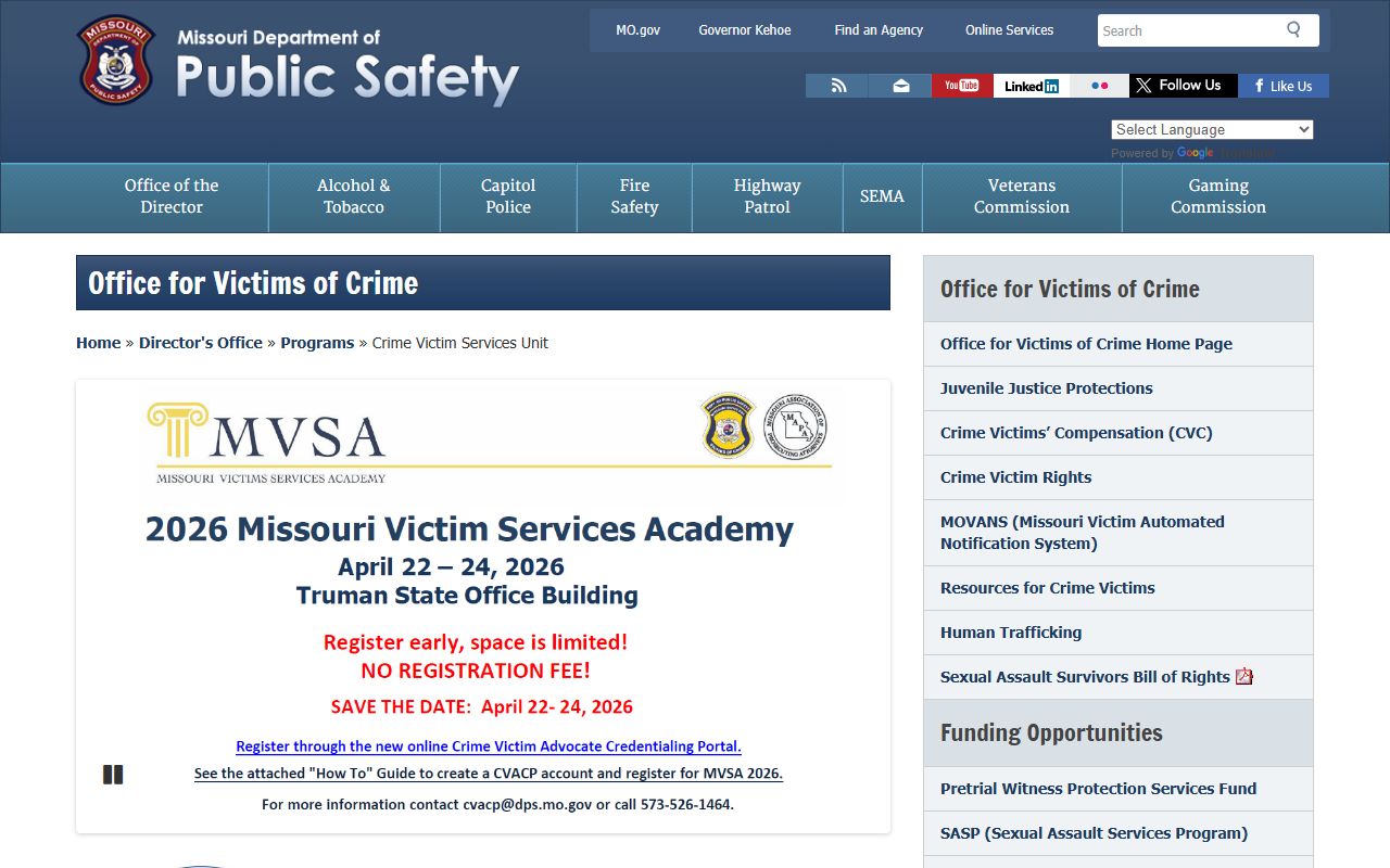 Missouri DPS Crime Victim Services Unit for bench warrant assistance